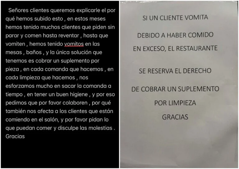 Restaurante libre español aplica un recargo a clientes que vomiten por comer en exceso
